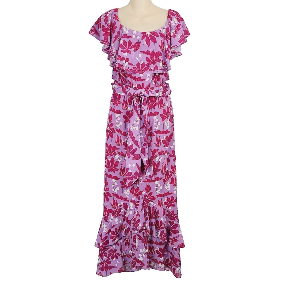 NEW Sachin & Babi Purple Floral Midi‎ Dress Ruffle Layered Flutter Sleeve 8